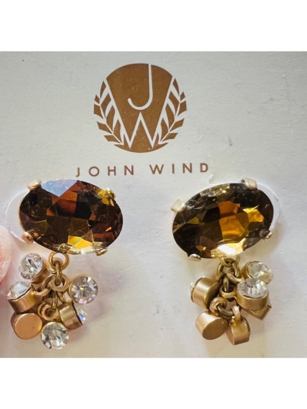 John Wind Earrings Amber Crystal Rhinestone Gold Tone Dangle Statement